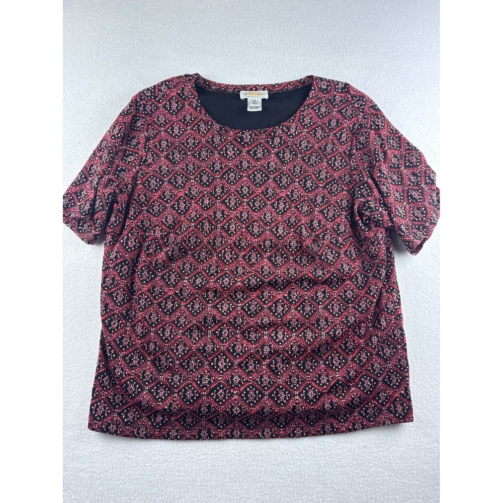 Talbots Woman 1X Red Black Geometric Print Short Sleeve Top Made in Korea‎